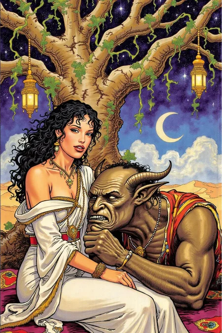 itacomic1 illustration of a scene from Arabian Nights, rendered in intricate, colorful detail. A beautiful woman and a sleeping demon. The woman sits gracefully under a sprawling tree with lush, curving branches and hanging vines. She has striking, almond-shaped eyes, dark flowing hair, and wears elegant traditional attire with ornate jewelry that glimmers softly under the moonlight. Her expression is calm and serene as she gazes thoughtfully into the distance. Resting his head gently on her lap is a large demon with a powerful, otherworldly presence. The demon, though fearsome in size, appears vulnerable as he lies beside her. His skin has a muted, earthy tone, and his features--sharp and beastly--are softened by a look of weary contentment. His claws are retracted, and he exudes a mixture of strength and peace in her presence. The tree's twisted branches arc above them, framing the scene like a natural canopy. Golden lamps hang from the tree, casting warm, soft light, illuminating the two figures in a magical glow. The background is a deep, starry night, with hints of distant desert dunes and a crescent moon overhead, creating an enchanting and mystical ambiance that draws the viewer into this world of fantasy and myth. <lora:itacomic_mima4_nocap_d4a2:1.0><lora:801711940218125389:0>