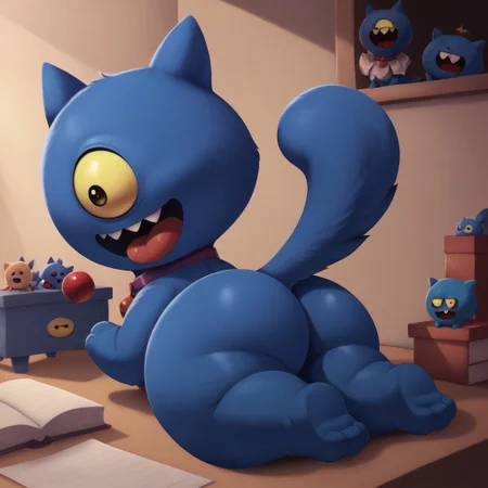 (score_9, score_8_up, score_7_up, score_6_up), masterpiece, Illustration, doll, dog, blue fur, one eye, cyclops, pokemon (creature), cute, solo, open mouth, butt, (zPDXL2), (zPDXLxxx),