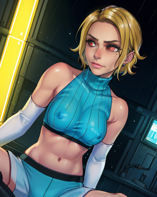 Dominique, short blond hair, glowing red eyes eyes, mole under eye,  solo,     closed mouth,   upper body,  sitting, blushing  covered nipples,  
DomiAtt, brown fingerless gloves, sleeveless turtleneck, midriff , white elbow gloves, blue and white  shorts ,boots
raining, cyberpunk helipad, nighttime, 
(insanely detailed, beautiful detailed face, masterpiece, best quality)   <lora:dominique:0.7>