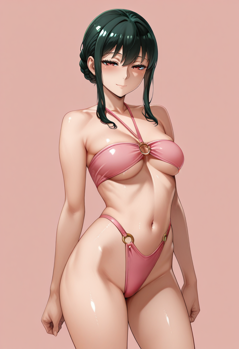 masterpiece,best quality,absurdres, amazing quality,
1girl, solo,
standing,
looking at viewer, half-closed eyes, light smile, 
simple background, pink background, 
crop top, strapless, 
<lora:Neromashin_Style_SKNSFW:0.8> Neromashin_Style_SKNSFW, 
 <lora:Shining_summer:1.0> 5h1n1ng_50mm3r, bikini, swimsuit, o-ring,   yor briar,  mature female, medium breasts,