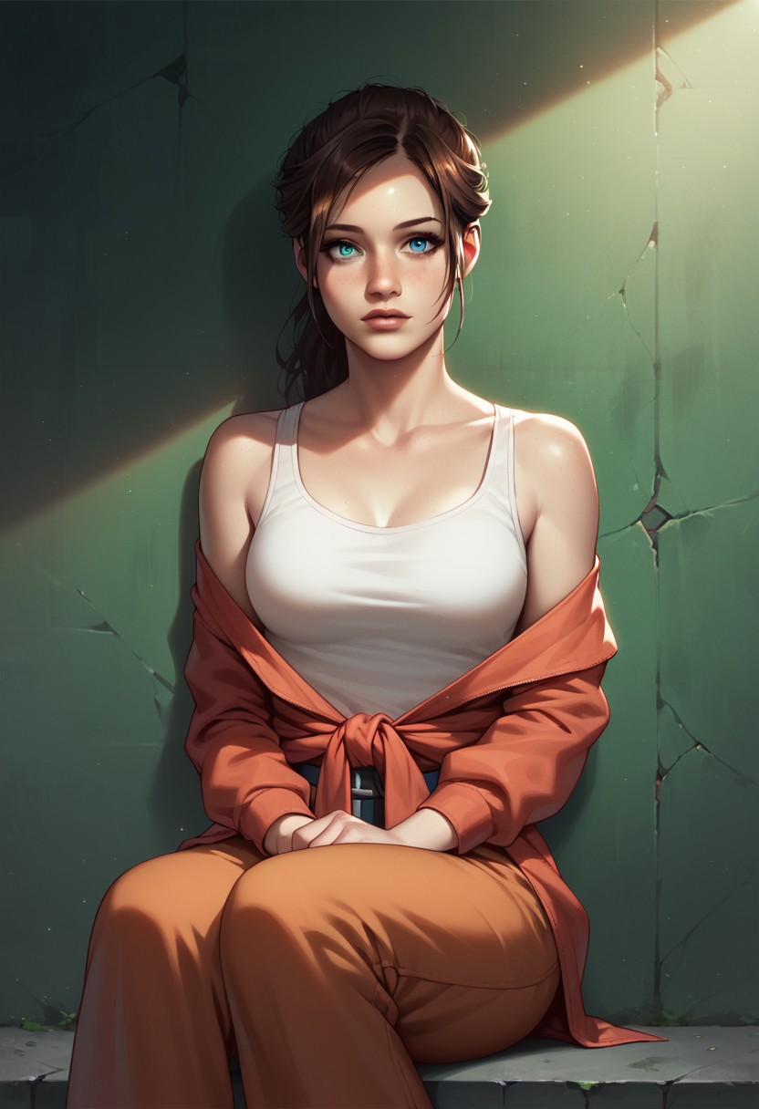 score_9, score_8_up, score_7_up, solo, western cartoon, volumetric lighting, dramatic lighting, g0thicPXL, fFaceDetail, ultra detailed, beautiful face, (green ambient light:1.5), (1 girl:1.5), claire redfield, brown hair, messy hair, long hair, blue eyes, beautiful eyes, (next to wall:1.5), prison, white tanktop, orange pants, orange sleeves tied around waist, white socks, sitting, handcuffed, white socks,