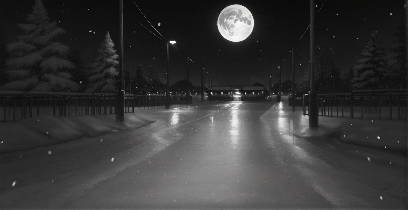 Graphic Design, greyscale, monochrome, intricate details, high contrast, detailed background, beautiful detailed, beautiful face, detailed eyes, detailed face, new, z41ch1k, no humans, scenery, very aesthetic, school, night, moon, stars, winter, snow, snowing, street lights, (masterpiece, best quality, newest, recent, absurdres), 