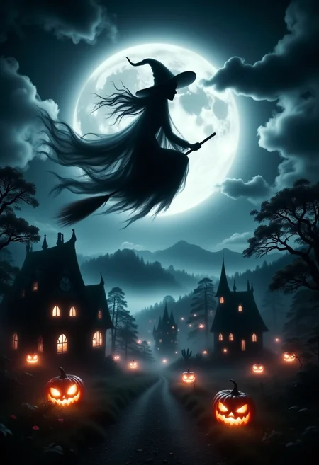 GhostlyStyle,Witch flying on a broomstick over a moonlit village, glowing pumpkins, dark clouds