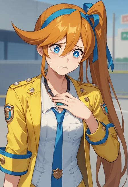score_9, score_8, score_7, source_anime,
anime, official art,
rating_general,
<lora:athena-ponyxl-000008:1> aacykes, hair ribbon, side ponytail,
necktie, yellow jacket, yellow skirt,
1girl, solo, hand on own chest, tearing up, worried, police station