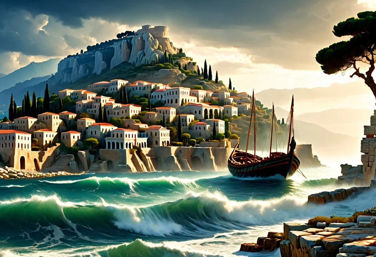 Masterpiece, high res, best quality, 
In the foreground, close-up: a small ancient Greek cargo boat sails towards an ancient Greek city with a harbor on its shore visible in the background. Low hills covered with cypresses rise behind the city. The sea is restless, gray breakers are visible above the waves. Night is falling, the wind is getting stronger
Soft colors, light veil of mystery