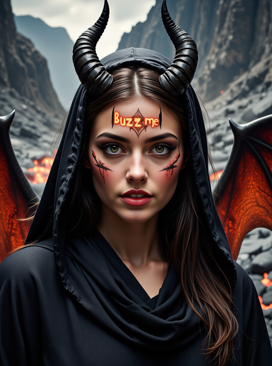 volcanic landscape, beautiful woman, beautiful detailed face, detailed multi color eyes, black robe, demon horns, demon wings, evil, determined, teeth, realistic face, glowing firy letters on forehead "Buzz me!", magical text written on forehead "Buzz me!" <lora:Jibs_Midjourney_Fantasy_Style_1:0.65>