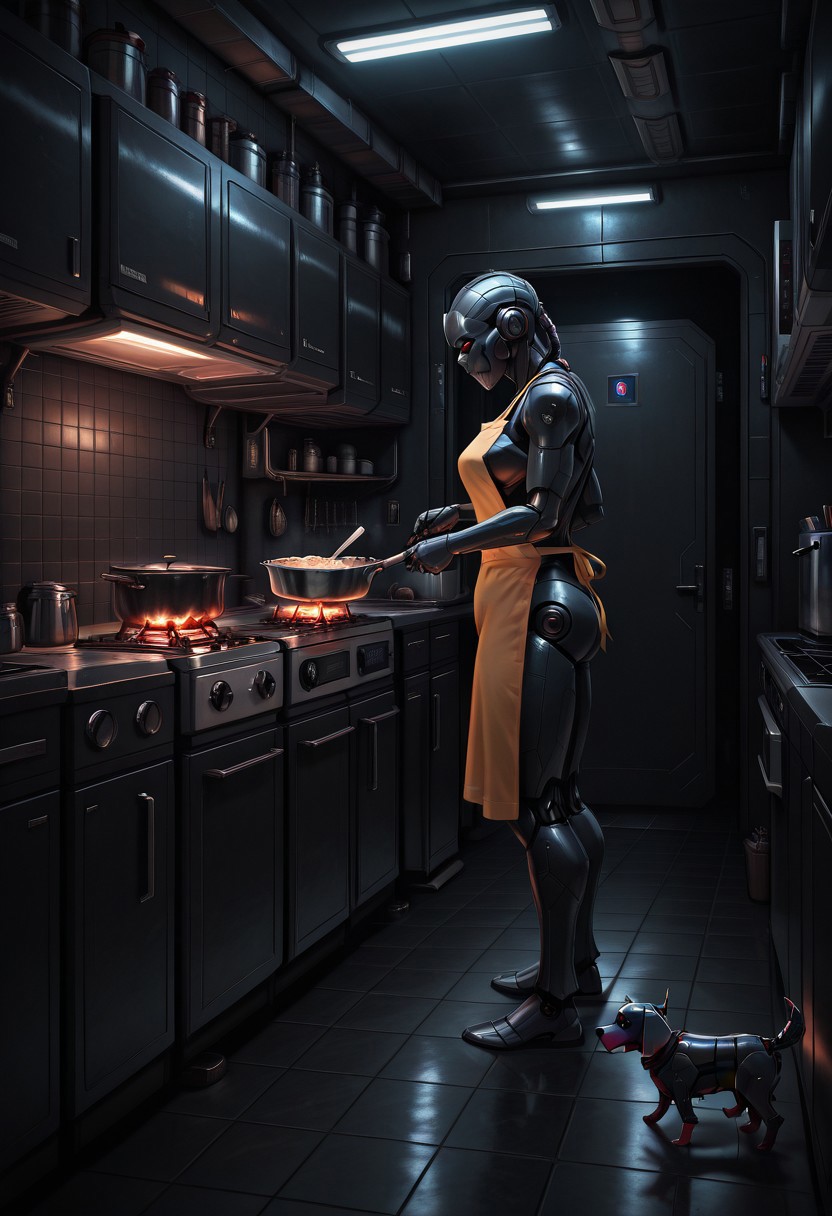 highres, very detailed, amazing quality, newest, masterpiece, realistic,
Imperial-Style, Imperial-Tech, Star Wars, (shin0bit3ch:1.2), science fiction,
indoors, night, shadow, scenery, floor, tiles, door, light, dark, tile floor, ceiling, pillows, ceiling light, 
kitchen, refrigerator, stove, tiny dog, robot dog,
robot, angular robot, female robot, apron, cooking, from side,