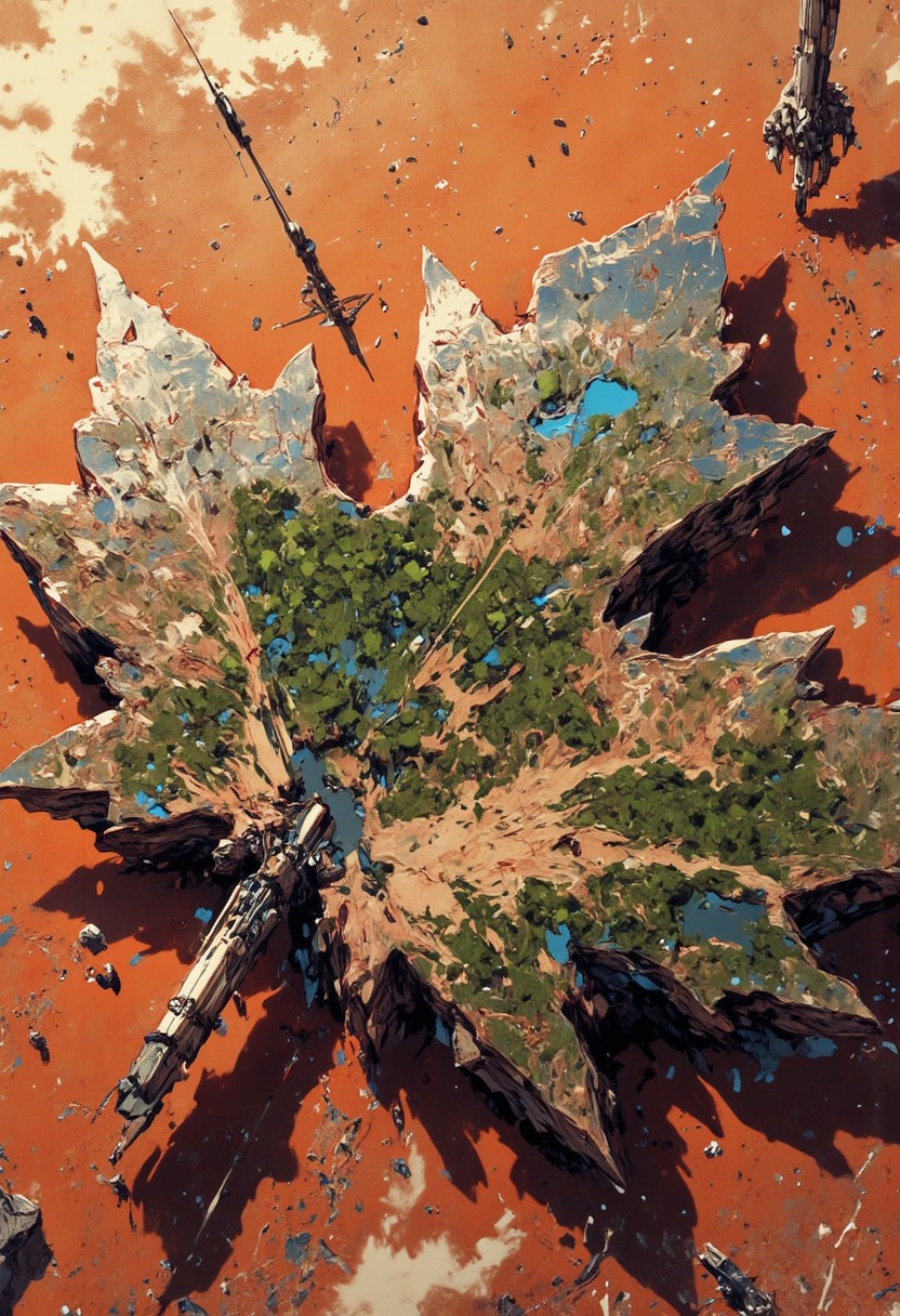 "Mh1$AgThS2
The Martian surface has been terraformed into a perfect replica of Canada, its territories extruded upward to form a three-dimensional maple leaf visible from orbit. Viewed through a 14-24mm variable wide-angle lens from low Martian orbit, the scene captures this engineering marvel against the red planet's horizon. The terraformed zone appears as a lush, verdant maple leaf rising from the surrounding rust-colored desert, its borders defined by atmospheric containment fields that glow with crimson energy. The Canadian Shield has been recreated as a central highland of impossible height, while the Great Lakes contain the first Martian oceans—brilliant blue against the predominant red landscape. Massive environmental processors at provincial boundaries emit visible beams of transformation energy, converting Martian regolith into Earth-like soil in an expanding maple leaf pattern. Orbital mirrors focus additional sunlight onto the terraformed zone, creating lens flares where the concentrated light strikes atmospheric moisture to form the first Martian rainbows. A dust storm approaches from the south, but dissipates upon contact with the maple leaf's protective boundary.
The entire composition contrasts the vibrant life of terraformed Canada with the barren red of untransformed Mars—Earth's distinctive maple leaf nation recreated on another world.
Thin border of atmospheric composition measurements showing Earth-normal conditions on an epic border background."