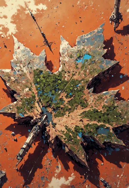 "Mh1$AgThS2
The Martian surface has been terraformed into a perfect replica of Canada, its territories extruded upward to form a three-dimensional maple leaf visible from orbit. Viewed through a 14-24mm variable wide-angle lens from low Martian orbit, the scene captures this engineering marvel against the red planet's horizon. The terraformed zone appears as a lush, verdant maple leaf rising from the surrounding rust-colored desert, its borders defined by atmospheric containment fields that glow with crimson energy. The Canadian Shield has been recreated as a central highland of impossible height, while the Great Lakes contain the first Martian oceans—brilliant blue against the predominant red landscape. Massive environmental processors at provincial boundaries emit visible beams of transformation energy, converting Martian regolith into Earth-like soil in an expanding maple leaf pattern. Orbital mirrors focus additional sunlight onto the terraformed zone, creating lens flares where the concentrated light strikes atmospheric moisture to form the first Martian rainbows. A dust storm approaches from the south, but dissipates upon contact with the maple leaf's protective boundary.
The entire composition contrasts the vibrant life of terraformed Canada with the barren red of untransformed Mars—Earth's distinctive maple leaf nation recreated on another world.
Thin border of atmospheric composition measurements showing Earth-normal conditions on an epic border background."
