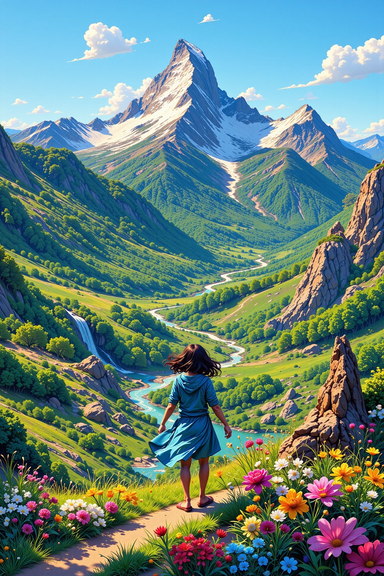 mountain beautiful  landscape, day, woman, very intricate, very detailed, sharp, bright, colorful, <lora:Hand v2:0.5> <lora:Anti-Blur:1><lora:Insane Detail Slider:0.25>  <lora:flux.1_lora_flyway_Epic-detail_v2:0.4> <lora:fluxenhancer:0.25> <lora:Saturday_Morning_Cartoon_Style_FLUX:1> Cartoon Style