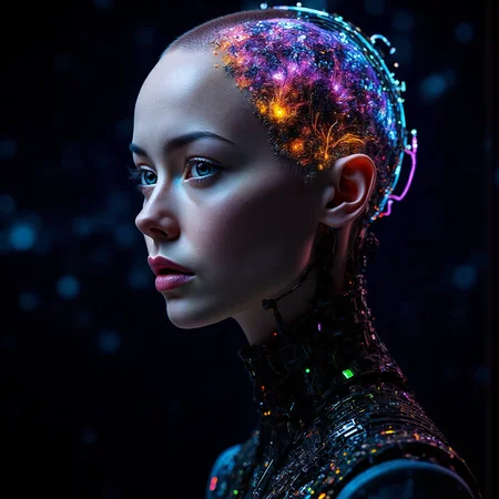 Create a futuristic, high-contrast image of a bald, bioengineered woman with a neural network implanted in her brain, gazing directly at the viewer with a confident and slightly surprised expression. Her skin is smooth and natural, but her eyes seem to hold a hint of macabre intensity. The background is a dark, nebula-like expanse, with tendrils of color swirling around her like a cyberpunk aurora. The overall effect should be one of dramatic, high-contrast realism, with a focus on fine texture and extreme detail. The image should feel like a still from a sci-fi movie, with a sense of futuristic unease and tension.  <lora:scifi/moxiePunk_v20.safetensors:0.8>,