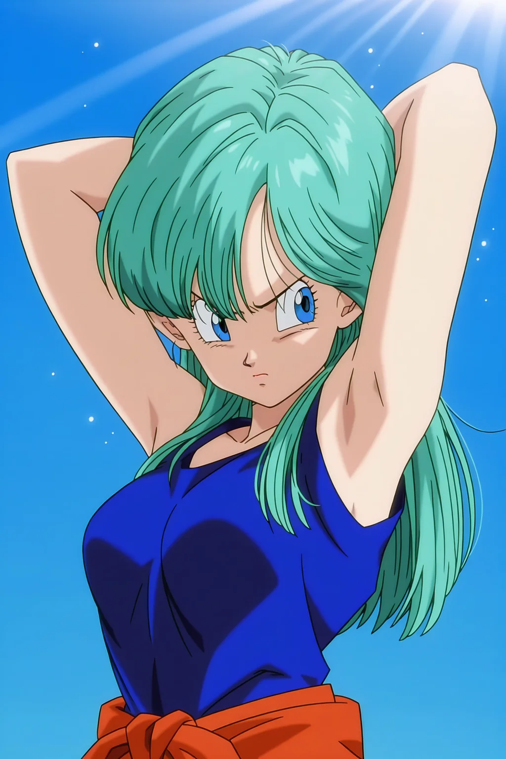 anime screencap, masterpiece, best quality, amazing quality, very aesthetic, absurdres, newest, (scenery, volumetric lighting),
bulma, dbz, red jumpsuit outfit, future saga, official style, 1girl, solo, long hair, breasts, blue eyes, looking to the side, armpits, aqua hair, hair down, blue background, arms behind head, jumpsuit around waist, blue vest, red jumpsuit, eyelashes, annoyed, sunlight, light particles,
<lora:Bulma_XIL:0.8>