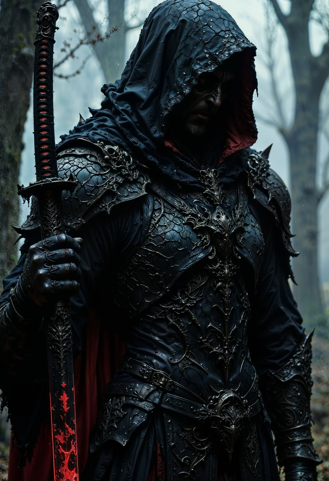 bo-an1me, dark fantasy illustration, high detail fantasy anime, A mysterious, hooded figure. The figure is clad in intricately detailed black armor, adorned with ornate patterns and textures that suggest a gothic or medieval style. The hood obscures the face, casting deep shadows that enhance the enigmatic presence. The figure's hands, covered in armored gauntlets, grip the hilt of a large, menacing katana. The katana's blade is partially visible, reflecting a cold, metallic sheen. The background is blurred, emphasizing the central figure and adding to the atmospheric, moody tone of the composition. Water droplets are visible on the armor, suggesting a recent rain or mist, adding a dynamic element to the scene.