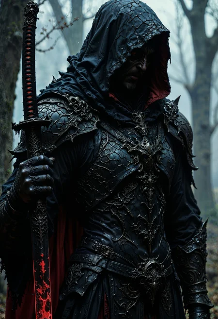 bo-an1me, dark fantasy illustration, high detail fantasy anime, A mysterious, hooded figure. The figure is clad in intricately detailed black armor, adorned with ornate patterns and textures that suggest a gothic or medieval style. The hood obscures the face, casting deep shadows that enhance the enigmatic presence. The figure's hands, covered in armored gauntlets, grip the hilt of a large, menacing katana. The katana's blade is partially visible, reflecting a cold, metallic sheen. The background is blurred, emphasizing the central figure and adding to the atmospheric, moody tone of the composition. Water droplets are visible on the armor, suggesting a recent rain or mist, adding a dynamic element to the scene.
