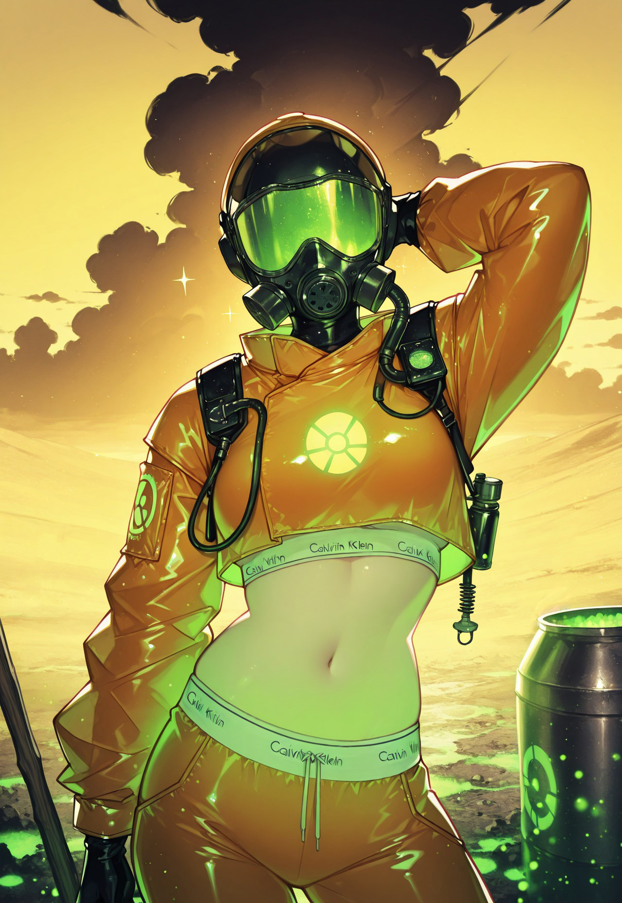 solo, upper body focus, hazmat suit, midriff, pale skin, (calvin_klein), oxygen mask, gas mask, visor, covered head, broom, posing, contrapposto, hand behind head,
wasteland, green glow, Bright_illu, sparkle, radioactive, metal barrel, radiation symbol, yellow sky, black cloud,
[geneva_bowers, parororo],
[soft lighting, particles, intricate cinematic background, dynamic, detailed background],
[masterpiece, best quality, absurdres, very aesthetic, dynamic pose]