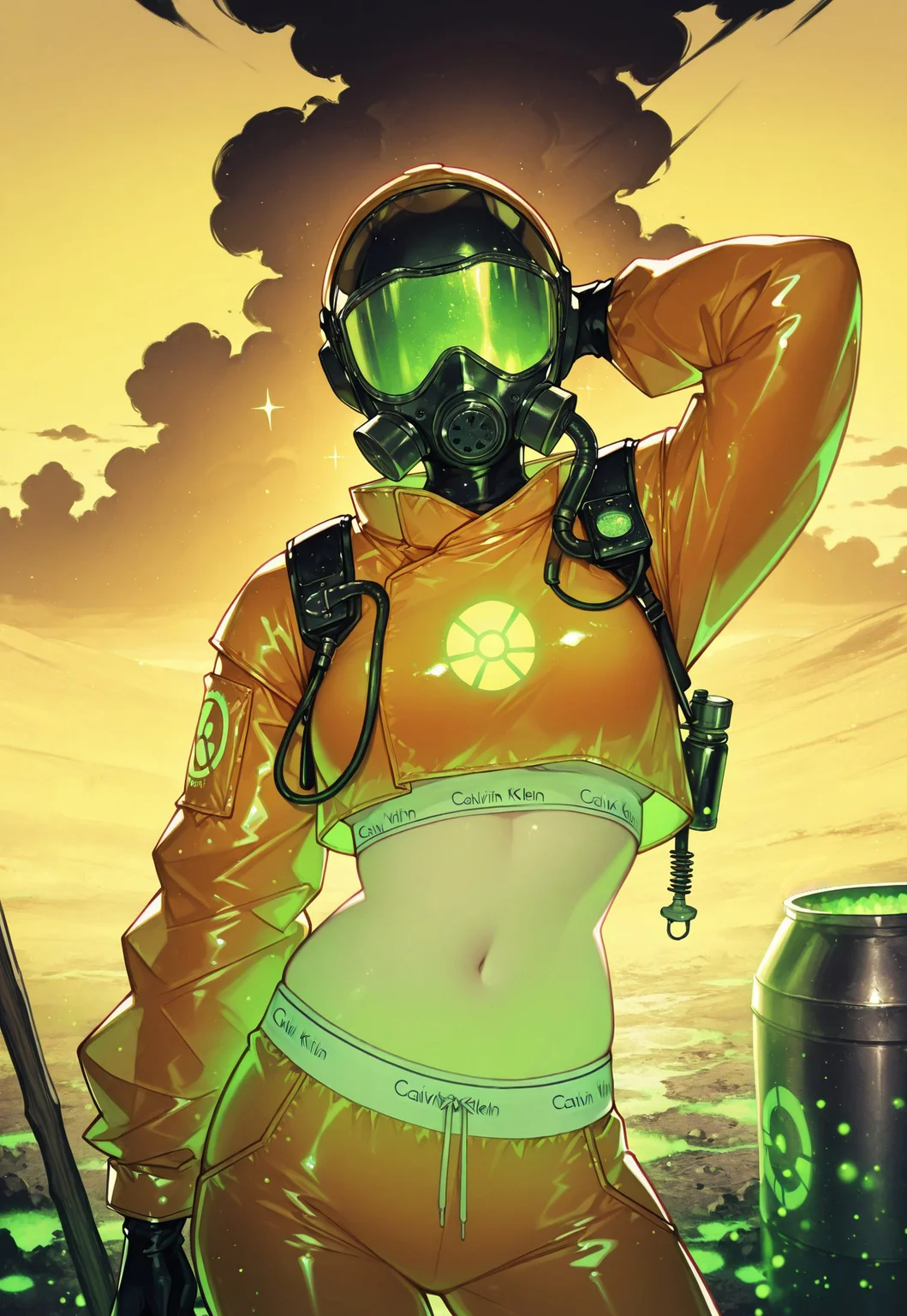 solo, upper body focus, hazmat suit, midriff, pale skin, (calvin_klein), oxygen mask, gas mask, visor, covered head, broom, posing, contrapposto, hand behind head,
wasteland, green glow, Bright_illu, sparkle, radioactive, metal barrel, radiation symbol, yellow sky, black cloud,
[geneva_bowers, parororo],
[soft lighting, particles, intricate cinematic background, dynamic, detailed background],
[masterpiece, best quality, absurdres, very aesthetic, dynamic pose]