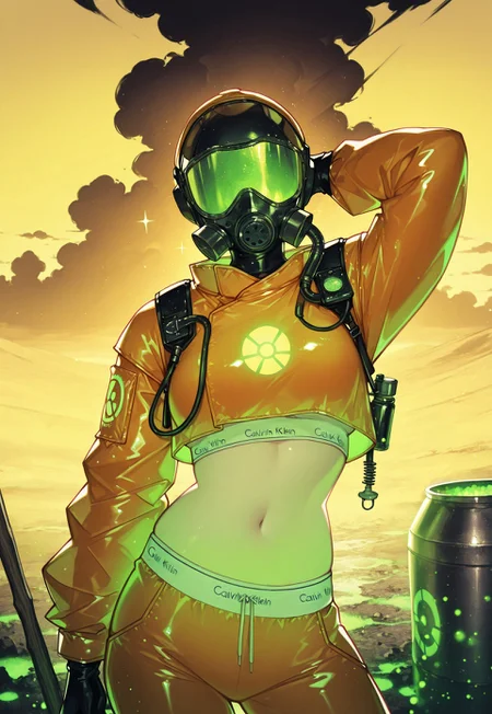 solo, upper body focus, hazmat suit, midriff, pale skin, (calvin_klein), oxygen mask, gas mask, visor, covered head, broom, posing, contrapposto, hand behind head,
wasteland, green glow, Bright_illu, sparkle, radioactive, metal barrel, radiation symbol, yellow sky, black cloud,
[geneva_bowers, parororo],
[soft lighting, particles, intricate cinematic background, dynamic, detailed background],
[masterpiece, best quality, absurdres, very aesthetic, dynamic pose]