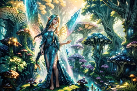 <lora:FeyAndFairies:1> FeyFa, magical fantasy, scene, forest, river, huge mushrooms, sun rays, <lora:Fairy:1> fairy, wings, long hair, pointy ears, bare legs, barefoot, sheer dress, off shoulder, smile, braid, best quality, masterpiece, <lora:more_details:0.65>, 1girl, solo