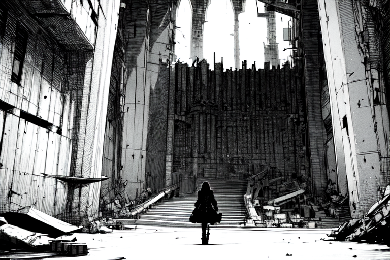 highly insanely detailed, masterpiece, top quality, best quality, highres, 4k, 8k, RAW photo, (very aesthetic, beautiful and aesthetic),  
tsutomu nihei,nihei_tsutomu,blame!,blame gakuen!,abara,TNstyle,sidonia_no_kishi,(megastructure in background,hangar,space,spacecraft,lab,tunnel,giant room,tower,deep horizon,sidonia \(ship\),stairs,city ruins,mausoleum), 
<lora:ABARA:0.8>, 
(1girl:1.3), 
solo focus, 
summer,pure white background,pure purple background,(color bokeh background),âââ