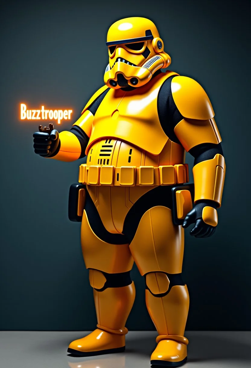 Fat man in a yellow and black stormtrooper outfit, full body, holding a holographic projection that reads "Buzztrooper" in star wars font. Cinematic, Photography, Sharp, Hasselblad, Dramatic Lighting, Depth of field, Medium shot, 80mm, Incredibly high detailed, Lightroom gallery