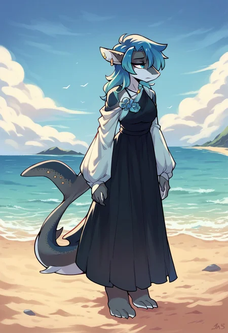 score_9, Score_8_up, score_7_up, 1girl, solo, erikaAmbris, shark, solo, dress, big sleeves, beach, standing, looking away