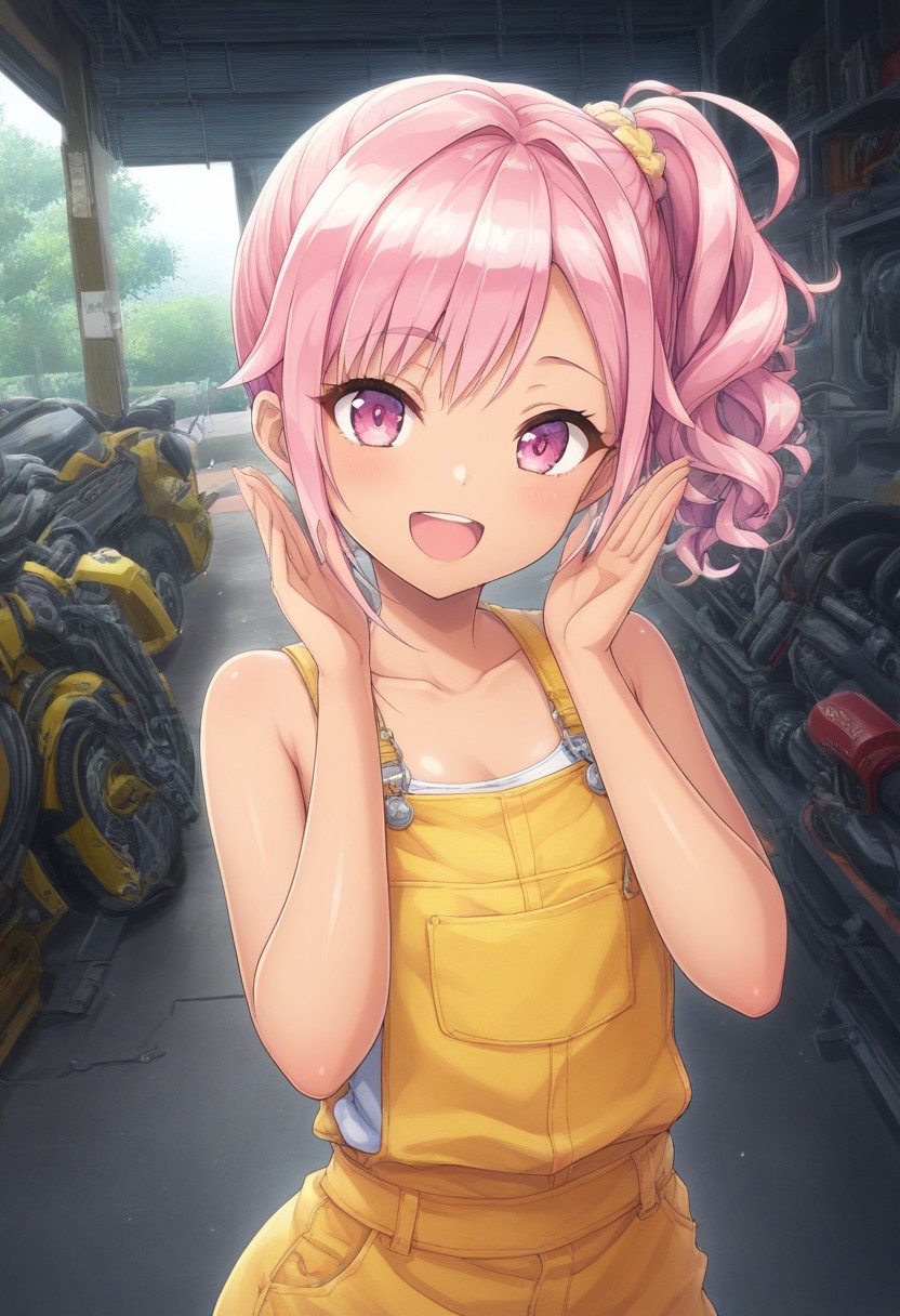 prefect lighting,very aesthetic,prefect hands,best quality,
intricate details,highly detailed background,(masterpiece:0.9),high quality,lustrous_skin,skindentation,(zPDXL3),
ultra delicate hair,
face_detail,
skin_detail,<lora:cfg_scale_boost>,
lustrous_skin,skindentation,
shiny skin, masterpiece,best quality,ultra-detailed,  st_kana, tanned skin, side ponytail,  pink hair, pink eyes, yellow overalls, garage, happy, random pose, upper body, portrait, sun
