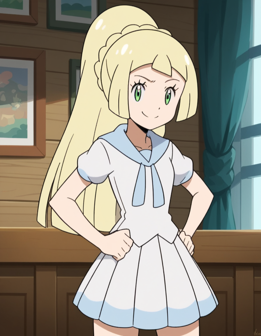 score_9, score_8_up, score_7_up, source_anime, <lora:pokemon-lilie-anime-ponyxl-lora-nochekaiser:1>, lillie \(pokemon\), blonde hair, blunt bangs, green eyes, long hair,, braid, french braid, high ponytail, miniskirt, pleated skirt, sailor collar, shirt, short sleeves, skirt, white shirt, white skirt,, indoors, smug, hands on hips,, smile, looking at viewer, solo,, cowboy shot, dutch angle