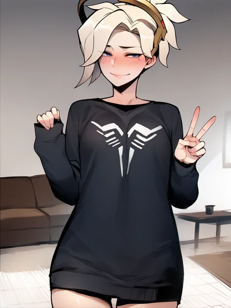 score_9, score_8_up, score_7_up, score_6_up, score_5_up, score_4_up, BREAK, source_anime,  1girl, solo, mercy \(overwatch\) standing in a living room, cowboy shot, blush, smug, black sweater, no pants, living room, v sign, indoors  <lora:Ratatatat74XLLocon:1>