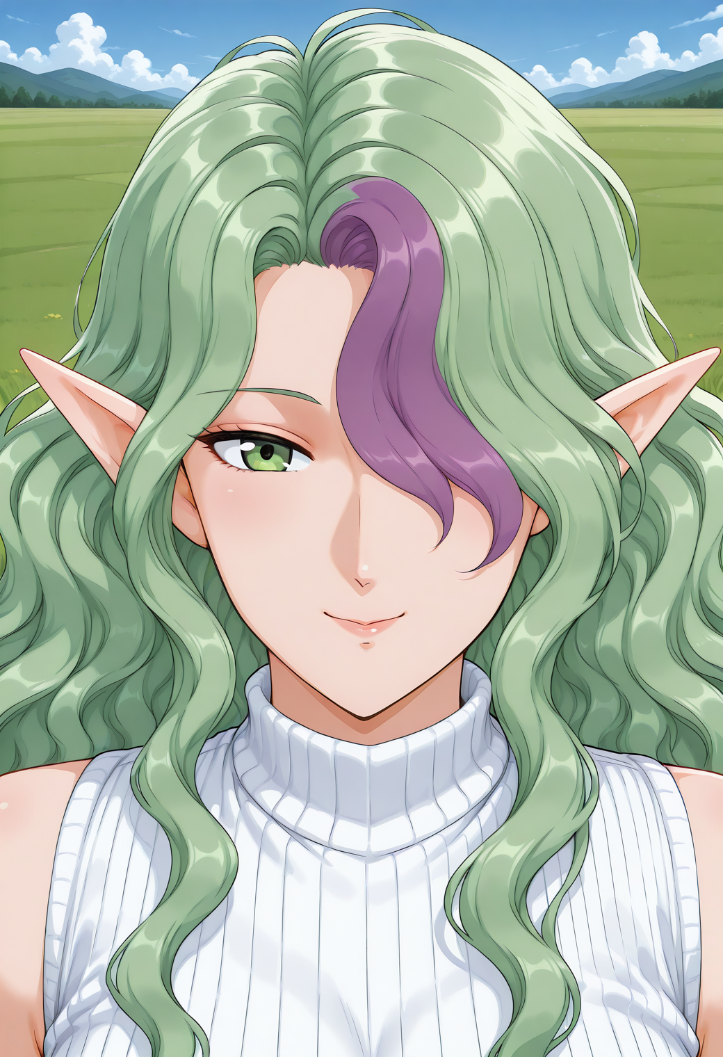misery, pointy ears, green eyes, two-tone hair, green hair, purple hair, long hair, hair over one eye, wavy hair, ribbed sweater, white sweater, turtleneck, sleeveless, <lora:misery_illustrious_ver2:0.8> 
smile,, masterpiece, best quality, sensitive,, 1girl, solo, blue sky, (grasslands:1.2), looking at viewer,, (upper body:1.2), (close-up:1.2), (facing viewer:1.2), (open eyes:1.4), (portrait:1.2)