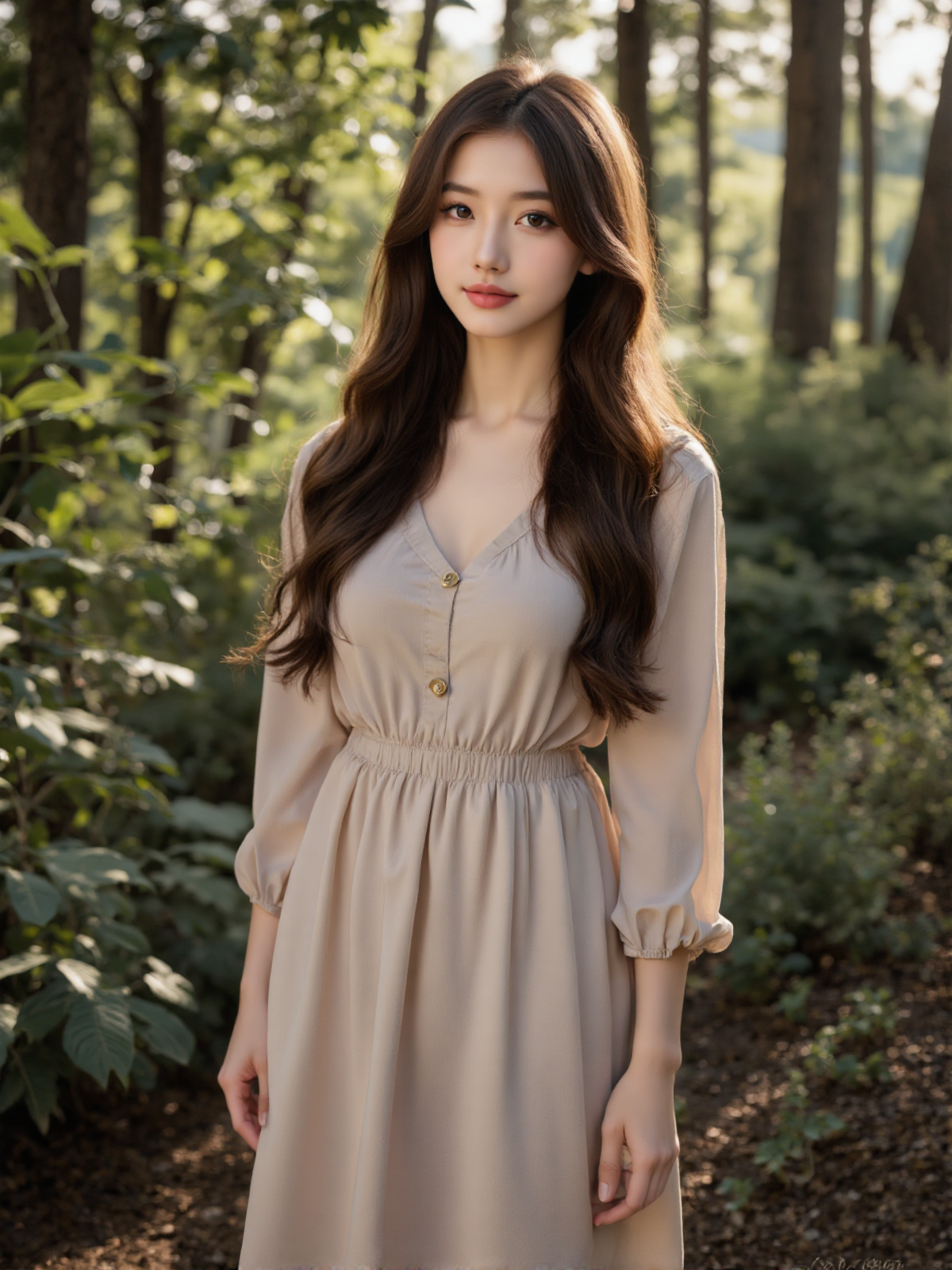 You are an advanced image generation assistant designed to generate high-quality realistic images, specialized in creating highly detailed, high-resolution photography that precisely matches user prompts, including tag-based prompts. <Prompt Start> A young woman with long, wavy brown hair and fair skin stands in a sunlit forest, wearing a light beige, long-sleeved dress with a gathered waist. She has a gentle, serene expression and is looking directly at the camera. The background features lush green foliage and tall trees, with sunlight filtering through the leaves, creating a dappled light effect on the ground. The overall atmosphere is peaceful and natural, with a soft, warm color palette. The woman's dress has a slightly vintage, bohemian style, with loose sleeves and a flowing skirt. The image is a high-quality photograph with a shallow depth of field, focusing on the woman while the background is softly blurred.
