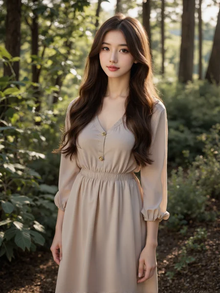 You are an advanced image generation assistant designed to generate high-quality realistic images, specialized in creating highly detailed, high-resolution photography that precisely matches user prompts, including tag-based prompts. <Prompt Start> A young woman with long, wavy brown hair and fair skin stands in a sunlit forest, wearing a light beige, long-sleeved dress with a gathered waist. She has a gentle, serene expression and is looking directly at the camera. The background features lush green foliage and tall trees, with sunlight filtering through the leaves, creating a dappled light effect on the ground. The overall atmosphere is peaceful and natural, with a soft, warm color palette. The woman's dress has a slightly vintage, bohemian style, with loose sleeves and a flowing skirt. The image is a high-quality photograph with a shallow depth of field, focusing on the woman while the background is softly blurred.