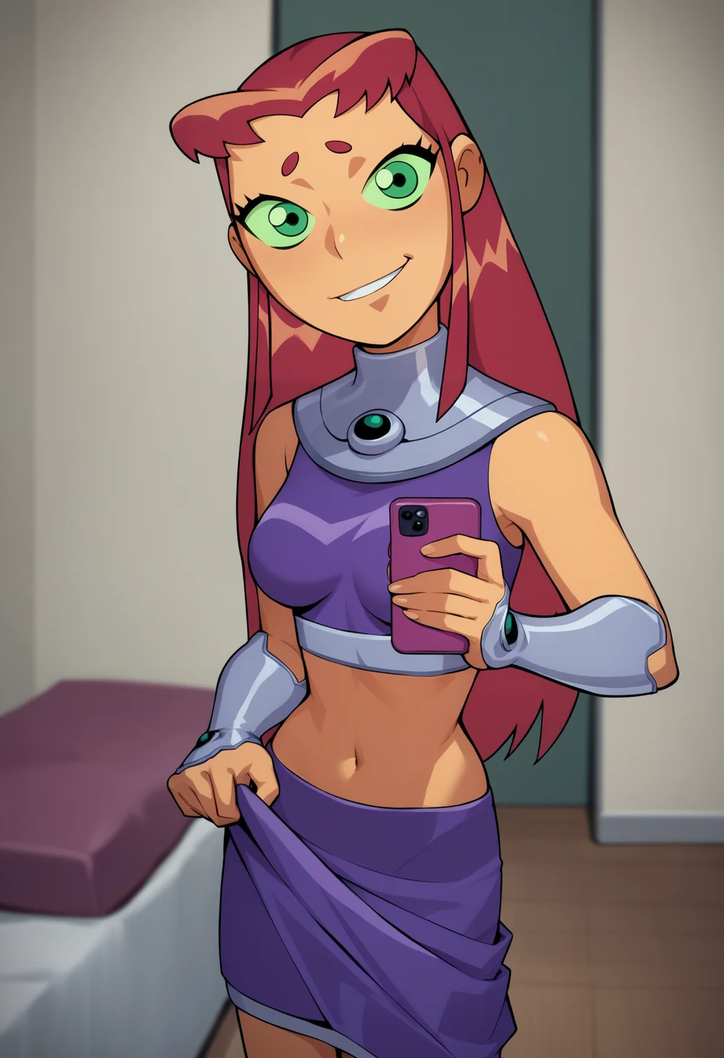 score_9, score_8_up, score_7_up, score_6_up, score_5_up, score_4_up, BREAK, source_anime, source_cartoon,
1girl, solo, expressive, dynamic, starfire, bedroom, selfie, pants pulled down, skirt pulled up, breasts showing, smirk, seductive, night <lora:StarfireTTXL:1>