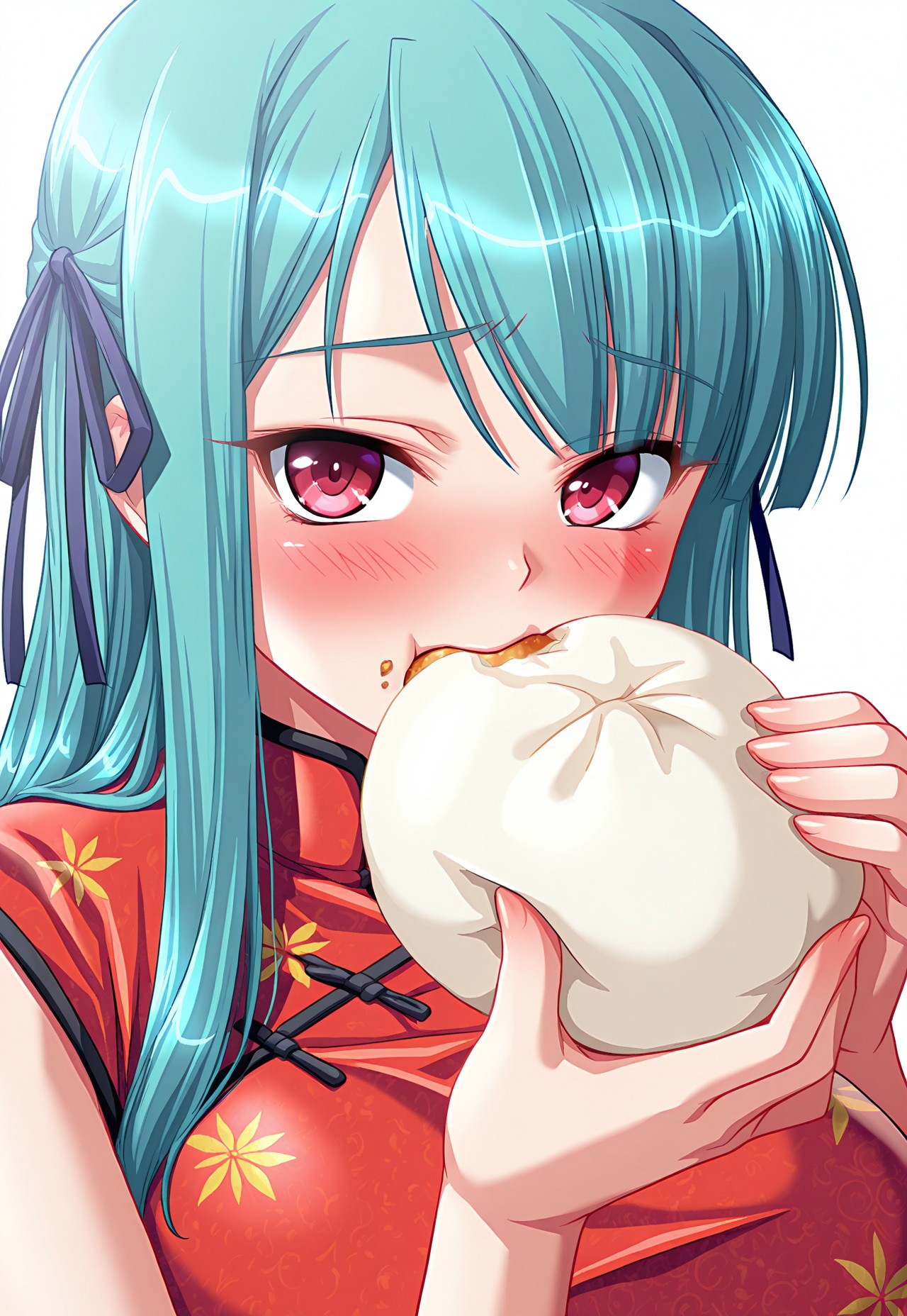 masterpiece,best quality,amazing quality,absurdres,very aesthetic,tkmsaya, 1girl, aqua hair, red eyes, hair ribbon, china_outfit, china dress, chinese clothes, food, steamed bun, eating, simple background, white background, upper body, looking at viewer, blush