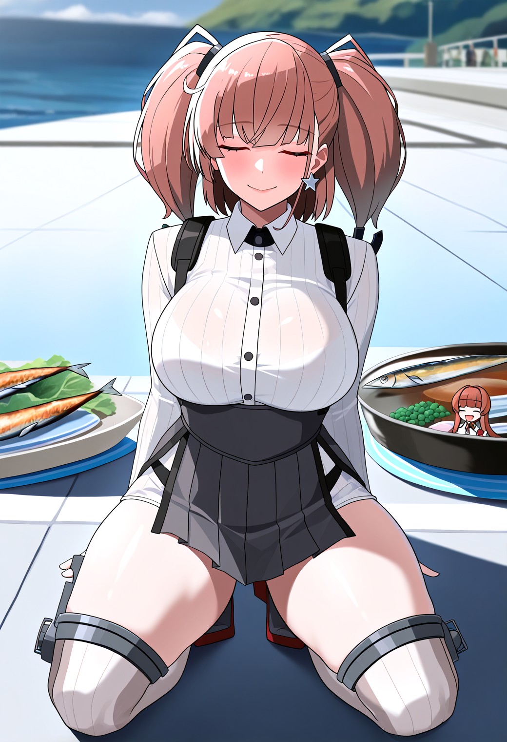 very awa, masterpiece, best quality, year 2024, newest, highres, absurdres, <lora:age_slider_v4:3> <lora:thicc_v1.4-pony:1.2>,detailed_background,outdoors,highres,shirt,brown hair,minigirl,white shirt,plate,saury,aura,absurdres,white thighhighs,kantai collection,multiple girls,helena \(kancolle\),closed eyes,fish,long hair,fairy \(kancolle\),smile,two side up,3girls,kneeling,atlanta \(kancolle\),thighhighs,nwr,mini person,blunt bangs