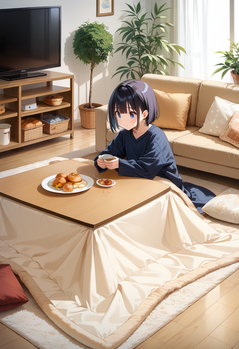 score_9, score_8_up, score_7_up, rating_safe, masterpiece, best quality, absurdres, unity 8k wallpaper, official art, official style, source_anime, uncensored, game cg, megami magazine, ultra delicate hair,
kotatsu, plant, black hair, television, indoors, potted plant, short hair, sitting, plate, couch, food, long sleeves, rug, wooden floor, sweater, shirt, holding, 
<lora:kotatsu_pony_V1:1>