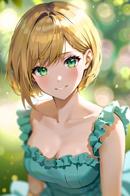 masterpiece, best quality, absurdres, solo,
short hair, blonde hair, green eyes, medium breasts, dress, frills, smile,
portrait, simple background, bokeh, blurry background,
