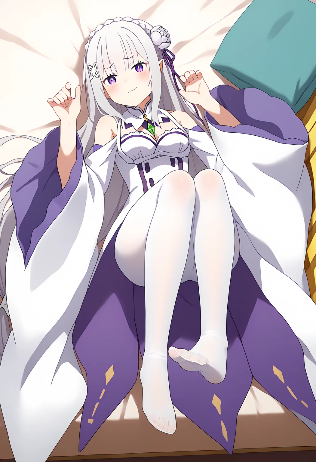 score_9, score_8_up, score_7_up, source_anime,
BREAK
<lora:shiPantyhoseV1:1>, shiwhitehose,
white pantyhose, fine fabric emphasis, 
1girl, solo, lying, on back, feet, 
<lora:shiEmiliaV2:1> shimilia, long hair, grey hair, purple eyes, pointy ears, crown braid, hair flower, hair ribbon, purple ribbon, x hair ornament, white dress, cleavage, bare shoulders, wide sleeves, 
blush, smug, 
looking at viewer,