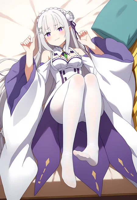 score_9, score_8_up, score_7_up, source_anime,
BREAK
<lora:shiPantyhoseV1:1>, shiwhitehose,
white pantyhose, fine fabric emphasis,
1girl, solo, lying, on back, feet,
<lora:shiEmiliaV2:1> shimilia, long hair, grey hair, purple eyes, pointy ears, crown braid, hair flower, hair ribbon, purple ribbon, x hair ornament, white dress, cleavage, bare shoulders, wide sleeves,
blush, smug,
looking at viewer,