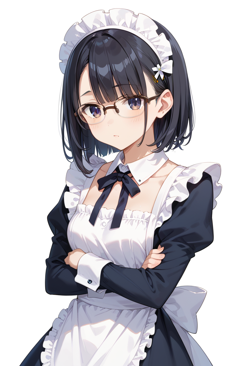 score_9, score_8_up, score_7_up, rating_safe, masterpiece, best quality, absurdres, unity 8k wallpaper, official art, official style, source_anime, uncensored, game cg, megami magazine,
1girl, solo, black hair, medium hair, upper body, covered eyes,maid, maid headdress, black dress, maid apron, face focus,
halfrim22A,  still life, white background, simple background, brown-framed eyewear,
 <lora:glasses_halfrim22A_PONY_V1:1>