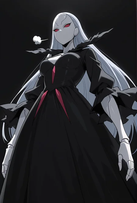 Smooth Quality,masterpiece,very intricate, high quality details, ultra realistic, high detailed skin,detailed enviorement,absurdres,
simple background, white background, 
from below,rolling eyes, neutral gaze, faint sigh,,solo,
 <lora:Berettacnn:0.8>  beretacnn,1girl, long hair,red eyes, (mask:1.1), black dress,silver hair, doll joints, no humans, no mouth,