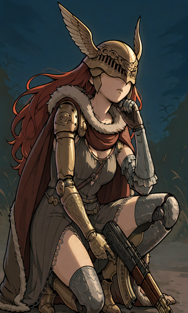 embedding:IllusP0s, GTASA-LS-ILV1.0, malenia blade of miquella, winged helmet, covered eyes, one mechanical arm, fur-lined cape, holding gun, draco ak pistol, elbow on knee, squatting, head tilt, contrast lighting, outdoors, night, solo,<lora:GTA_SA_Style_-_IL-000014.safetensors:1.0:1.0> <lora:ak draco pistol_illustrious .safetensors:1:1>