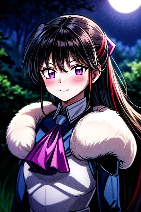 masterpiece, best quality 1girl Setsun4 solo long hair, (night time) forest background black hair very long hair purple eyes multicolored hair armor (fur trim) (medium body),<lora:EMS-179-EMS:0.800000>,<lora:EMS-293862-EMS:0.800000> bow, hair_bow, hair_tubes, red_bow, brown_hair, long_hair, bangs, ascot, frilled_bow, yellow_ascot, blush, smile, hair_between_eyes, athletic