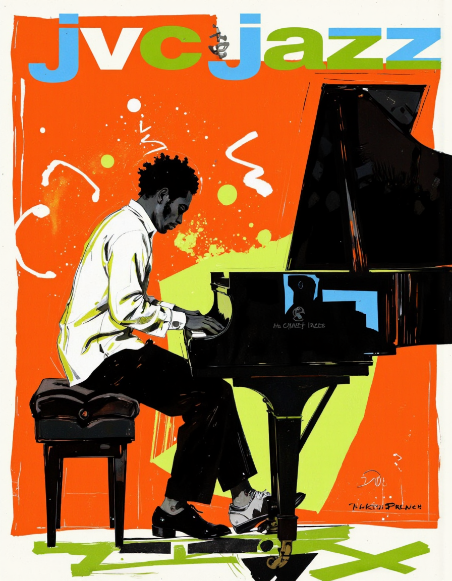By Martin French. A vibrant and stylized poster featuring a silhouette of a jazz musician playing a grand piano against an abstract orange background. the poster has a bold, black and white color scheme with splashes of green and yellow, creating a dynamic and energetic atmosphere. on the center of the poster, a man with an afro hairstyle, who appears to be in his mid-twenties, is depicted in a dynamic pose, playing the piano with his hands. he is wearing a white shirt and black pants, and his body is positioned in a way that creates a sense of movement and energy. the background is composed of abstract shapes and lines, adding to the overall dynamic feel of the image. the text "jvcjazz" is prominently displayed at the top, with the year "2005" written in a smaller font below it. <lora:Martin_French:0.85>