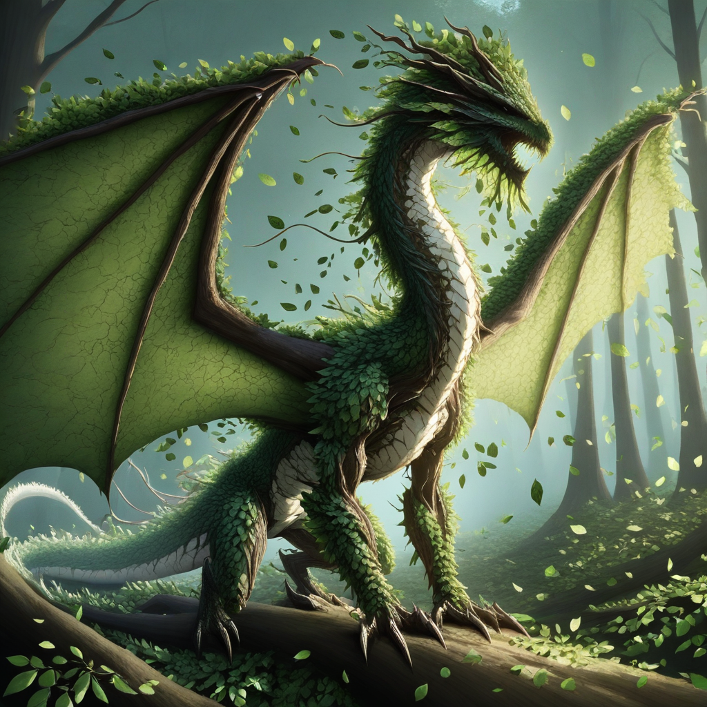 masterpiece, best quality, newest, absurdres, highres, FG-V2.0-Dragon, dragon, monster, no humans, tree, forest, wings, leaves,