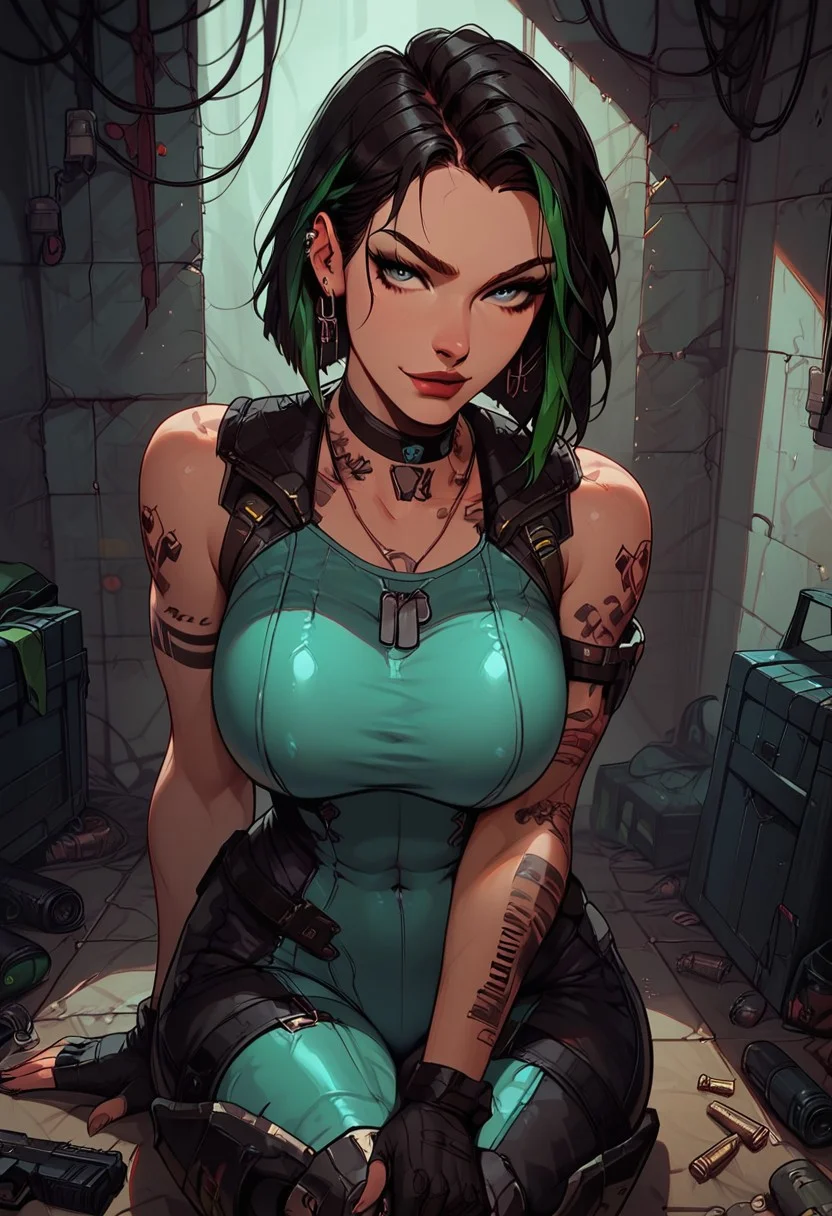 Score_9, Score8_up, Score_7_up, (((High Resolution, Best Quality))), 
1girl, solo, toned arms, sleeveless, Covered in Tattoos, neck tattoos, hair tied up, black hair, green highlights in hair,
futuristic, futuristic armor, neon green lights on bodysuit, armored suit, body armor, armor, plated armor, revealing bodysuit, tight bodysuit, tactical, military gear, toxic canisters, toxic chemicals, poision vials, 
large breasts, choker, dog tags, ear piece, 
seducing, seductive, flirty, tender, loving, playful, looking at viewer, smug, finger gun, finger gun gesture, 
Sitting on ground, leaning against wall, relaxed, leaning back, arm resting on knees, arm on knee,
inside, Military, military base, military barracks, cots, crates, military boxes, guns, bullets, supplies, armory,