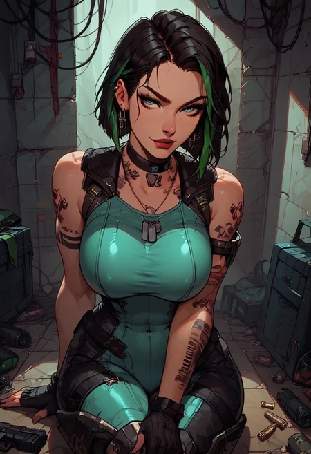 Score_9, Score8_up, Score_7_up, (((High Resolution, Best Quality))), 
1girl, solo, toned arms, sleeveless, Covered in Tattoos, neck tattoos, hair tied up, black hair, green highlights in hair,
futuristic, futuristic armor, neon green lights on bodysuit, armored suit, body armor, armor, plated armor, revealing bodysuit, tight bodysuit, tactical, military gear, toxic canisters, toxic chemicals, poision vials, 
large breasts, choker, dog tags, ear piece, 
seducing, seductive, flirty, tender, loving, playful, looking at viewer, smug, finger gun, finger gun gesture, 
Sitting on ground, leaning against wall, relaxed, leaning back, arm resting on knees, arm on knee,
inside, Military, military base, military barracks, cots, crates, military boxes, guns, bullets, supplies, armory,