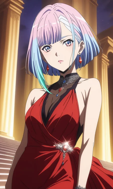 1girl, Lucy from cyberpunk edgerunners,BREAK source_anime, best quality , red dress, jewelry, earrings, evening dress, <lora:Red_dress:1>
