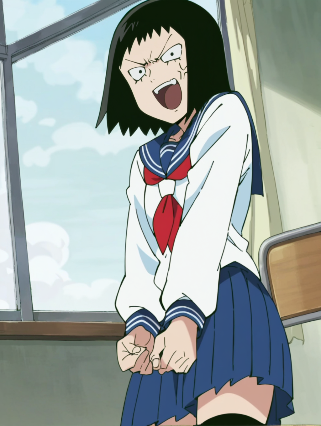 score_9, score_8_up, score_7_up, score_6_up, score_5_up, score_4_up,,  source_anime,rating_safe,, ,
, BREAK, uncensored,
1girl, smile, open mouth, looking at viewer, ,
 <lora:mobp_kuratatome:1>, kuratatome, medium hair,  black hair, sanpaku, black legwear, blue skirt, long sleeves, pleated skirt,  school uniform, serafuku, 
solo,  
classroom,
anime screencap, 
angry,