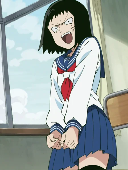 score_9, score_8_up, score_7_up, score_6_up, score_5_up, score_4_up,, source_anime,rating_safe,, ,
, BREAK, uncensored,
1girl, smile, open mouth, looking at viewer, ,
<lora:mobp_kuratatome:1>, kuratatome, medium hair, black hair, sanpaku, black legwear, blue skirt, long sleeves, pleated skirt, school uniform, serafuku,
solo,
classroom,
anime screencap,
angry,