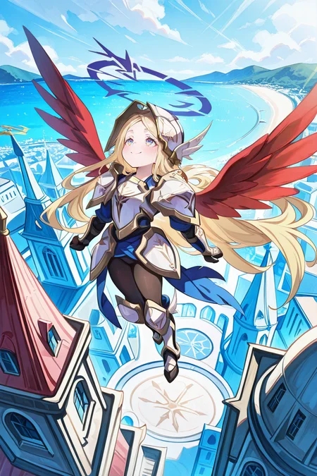 masterpiece, best quality, amazing quality, very aesthetic, absurd, newest, detailed eyes, <lora:illustrious_quality_modifiers_masterpieces_v1:0.8> , solo, <lora:ChamIllustriousBackgroundEnhancer:0.5>, detailed background, <lora:Kitn_marietta_illust:0.9> , Kitn_marietta_illust, blonde hair, wings, halo, armor, full body, flying, exterior, smile,